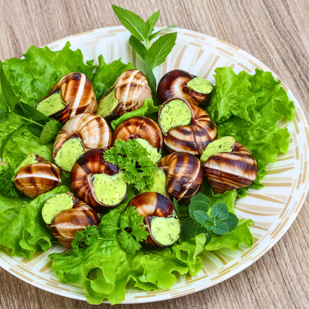 A delightful plate of cooked escargot, seasoned and served atop crisp lettuce leaves with a garnish of fresh herbs.の写真素材
