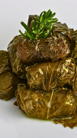A close-up shot of a stack of glistening stuffed grape leaves, topped with a sprig of fresh rosemary, presented on a white surface.の写真素材