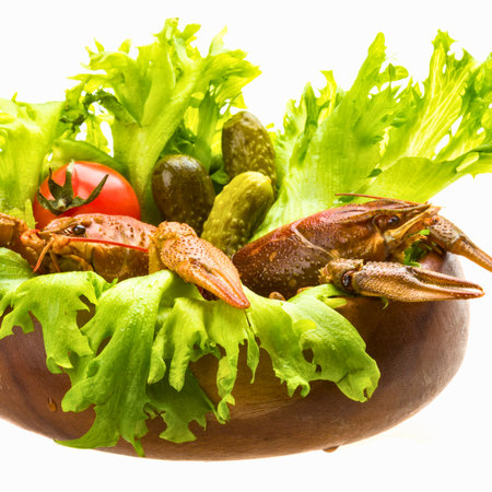 A close-up shot of cooked crawfish nestled amongst crisp lettuce, tomatoes, and pickles in a rustic wooden bowl.の写真素材