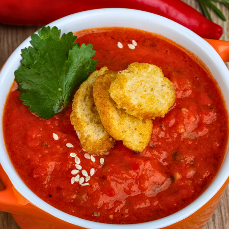 A close-up of a vibrant bowl of tomato soup, garnished with crunchy croutons, fresh cilantro, and sesame seeds.の写真素材