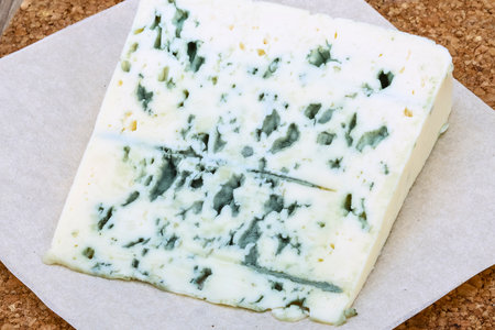 A rectangular block of creamy white cheese with striking blue-green veins of mold, presented on white paper.の写真素材