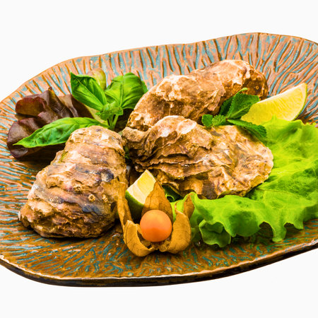 A close-up view of several fresh oysters presented on a textured, golden-brown plate with lettuce, lime wedges, and a small orange fruit.の写真素材