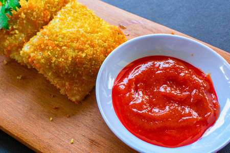 Golden brown, breaded fried snacks are presented with a vibrant red dipping sauce on a wooden board.の写真素材