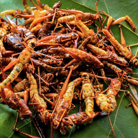 A close-up shot of a pile of golden-brown, crispy fried grasshoppers arranged on a vibrant green leaf.の写真素材