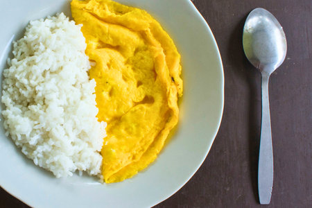 A close-up overhead view of a white plate featuring a portion of fluffy white rice next to an omelette. A silver spoon rests to the right.の写真素材