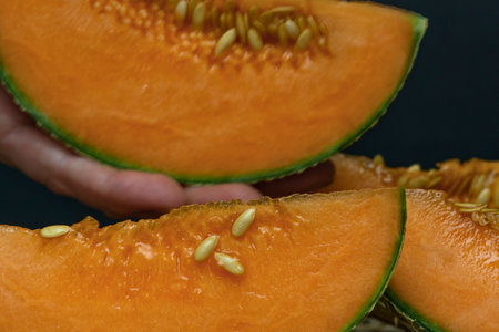 Two bright orange cantaloupe slices are shown in close-up, revealing their juicy texture and numerous seeds against a dark background.の写真素材