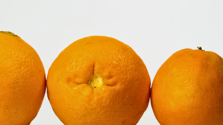 Three vibrant whole oranges are neatly arranged against a stark white backdrop, offering ample copy space for text. Ideal for healthy eating, fruit, vitamin C, and fresh produce concepts.の写真素材