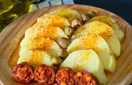 A savory Spanish tapas dish with seasoned boiled potato slices, pan-fried chorizo sausage, and green olives, elegantly served on a rustic wooden plate. Ideal for sharing.の写真素材
