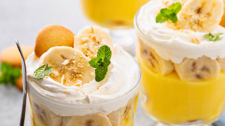 Close-up of creamy banana pudding layered with vanilla wafers, fresh banana slices, and topped with whipped cream and mint.の写真素材