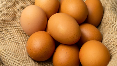 A close-up overhead view of several brown chicken eggs nestled together on a textured burlap surface.の写真素材