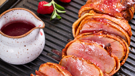 Close-up of perfectly cooked, sliced ham with a glistening glaze, next to a small gravy boat filled with dark sauce and garnished with berries.の写真素材