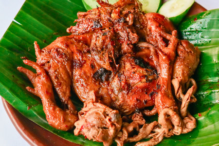 A perfectly grilled whole chicken, glistening with marinade, rests on a vibrant green banana leaf with lime wedges.の写真素材