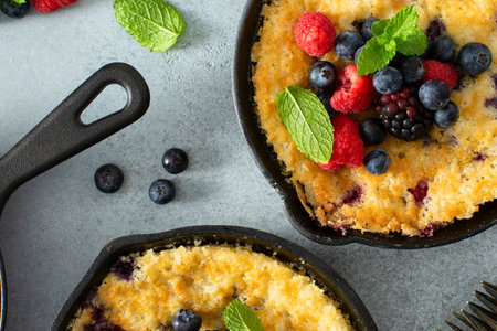 Two individual cast iron skillets filled with a golden berry crumble, topped with fresh berries and mint leaves.の写真素材