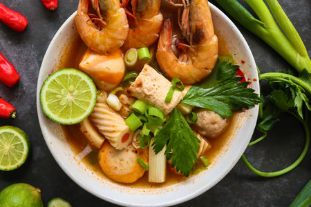 A vibrant bowl of spicy soup featuring plump shrimp, tofu, and fresh herbs, garnished with lime and chili peppers.の写真素材