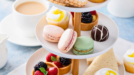 A tiered stand displays a delightful assortment of sweet treats including macarons, tarts, and pastries, served with a cup of coffee.の写真素材