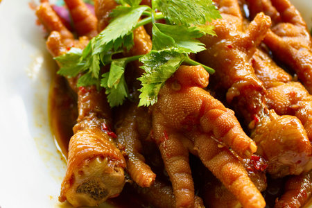 A close-up shot of tender, glazed chicken feet in a rich sauce, topped with vibrant green cilantro.の写真素材