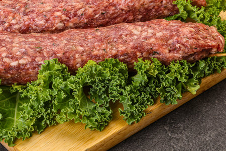 Close-up view of uncooked ground meat skewers resting on a bed of vibrant green lettuce.の写真素材