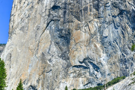A towering granite cliff face with visible cracks and textures, featuring several tiny figures of rock climbers ascending its sheer surface.の写真素材