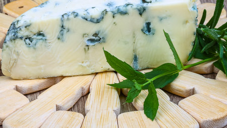 A wedge of creamy blue cheese with visible blue veins sits on a bed of crackers, garnished with fresh green herbs.の写真素材