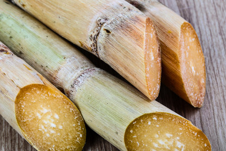 A detailed, close-up view of several cut sugarcane stalks resting on a rustic wooden background, showcasing their fibrous texture and natural colors.の写真素材