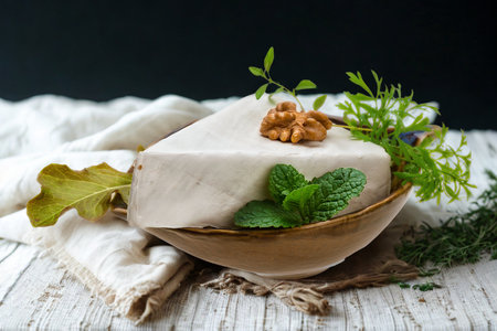 A triangular piece of soft white cheese sits in a rustic bowl, adorned with a walnut and fresh green herbs on a wooden surface.の写真素材