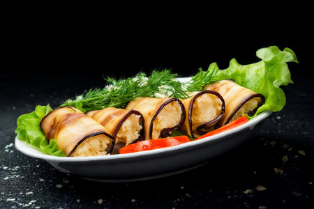 A white oval dish filled with golden brown eggplant rolls, garnished with fresh lettuce, herbs, and diced tomatoes.の写真素材