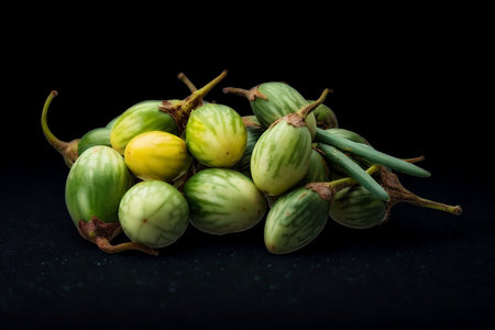 A vibrant pile of small, round and elongated eggplants, some green, some yellow, with stems attached, against a deep black backdrop.の写真素材