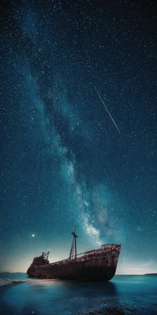 A rusted, abandoned ship rests on a beach under a breathtaking night sky filled with stars and the Milky Way galaxy. A shooting star streaks across the sky, adding to the serene and mystical atmosphere.の写真素材