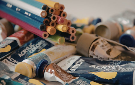 A collection of art supplies including tubes of acrylic paint, colored pencils, and paintbrushes.