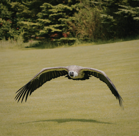 A bird with spread wings soars gracefully over a lush, green field with trees in the background.