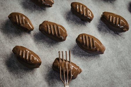 An image showcasing several chocolate-covered treats neatly arranged on parchment paper with a fork...