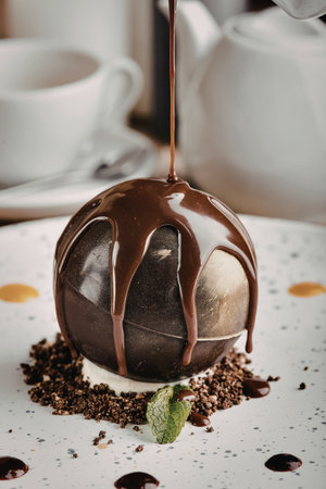 A delectable chocolate dessert sits on a white table, adorned with a mint leaf and surrounded by chocolate crumbs. A stream of rich chocolate sauce is being poured over the dessert, with a cup of coffee in the background.の写真素材