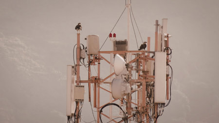 A tall cellular communication tower stands prominently against a vast desert landscape. The tower is...