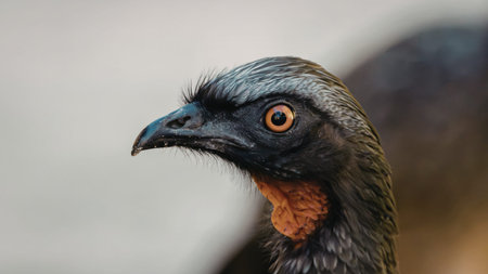 A close-up photograph of a bird with a striking combination of black and gray feathers, bright...