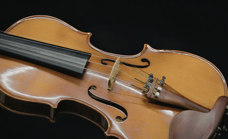 A detailed close-up of a violin resting on a dark background, highlighting its intricate...