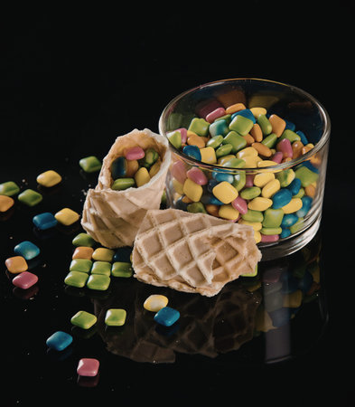 A bowl filled with colorful candies is placed next to two waffle cones, one of which is filled with...