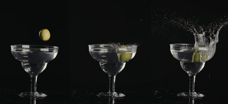 A series of images showing a cocktail glass with a lime, capturing the moment from still to splash.