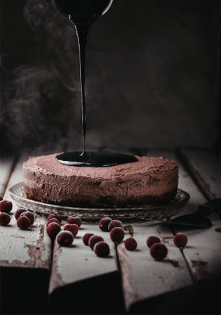 A decadent dark chocolate cake is elegantly presented on a silver cake stand, with a rich chocolate...