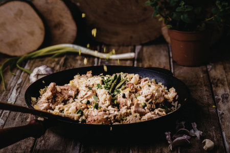 A close-up of a skillet filled with flavorful fried rice, featuring chunks of meat, vegetables, and garnished with green onions and herbs. The skillet is placed on a rustic wooden table with tortillas, a plant, and a wooden spoon nearby.の写真素材
