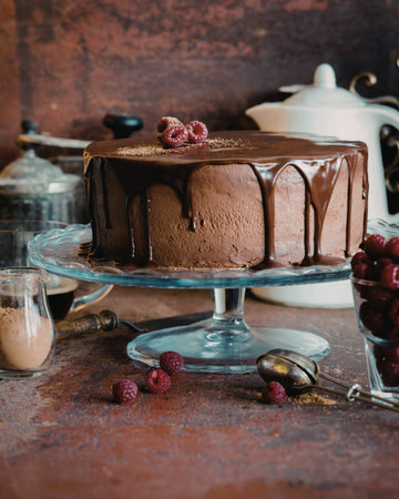 A rich chocolate cake with smooth chocolate frosting, garnished with fresh raspberries, displayed on a glass cake stand. Surrounded by a rustic background with additional raspberries and cocoa powder.の写真素材