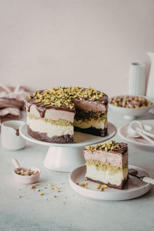 A beautifully presented layered chocolate pistachio cake with creamy frosting and chopped pistachios on top, displayed on a cake stand with a slice served on a plate.の写真素材