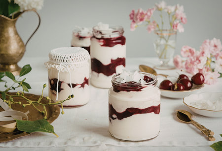 A visually appealing arrangement of cherry yogurt parfaits served in mason jars, garnished with fresh cherries and mint leaves. The setup includes a rustic table setting with flowers and vintage-inspired decor.の写真素材