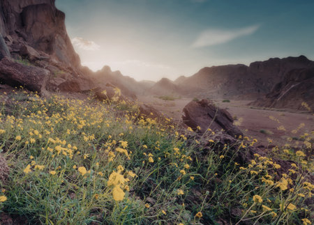 A serene desert landscape at sunset, featuring blooming wildflowers in the foreground and rugged rock formations in the background.の写真素材