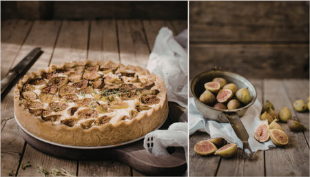A delicious fig tart is displayed on a wooden table next to a bowl of fresh figs and a knife.の写真素材
