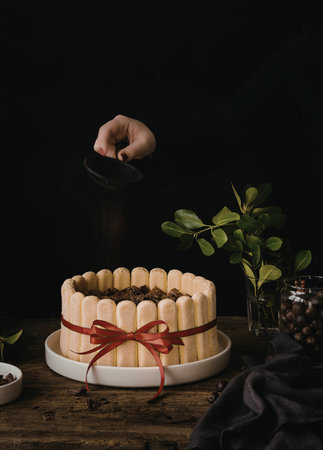 A beautifully presented tiramisu cake adorned with ladyfingers and a red ribbon, set on a rustic wooden table with greenery and a hand sprinkling cocoa powder.の写真素材