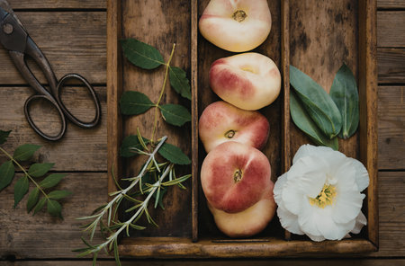 A wooden box filled with fresh, vibrant fruit, accompanied by green leaves, a sprig of rosemary, and a delicate white flower. A pair of scissors rests on the side, adding a touch of rustic charm.の写真素材