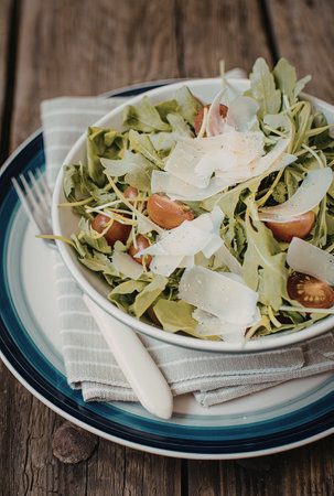 A vibrant salad served on a blue-rimmed plate, featuring fresh greens, juicy tomatoes, and shavings of cheese. The plate is placed on a wooden table with a fork and napkin nearby.の写真素材