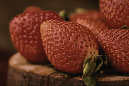 A close-up image of several fresh, ripe strawberries placed on a rustic wooden surface. The strawberries are vibrant red with visible seeds and green leaves attached.の写真素材