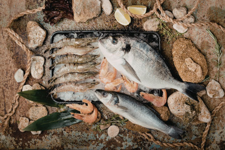 A beautifully arranged display of fresh seafood including fish, shrimp, and oysters on a rustic background with natural elements.の写真素材