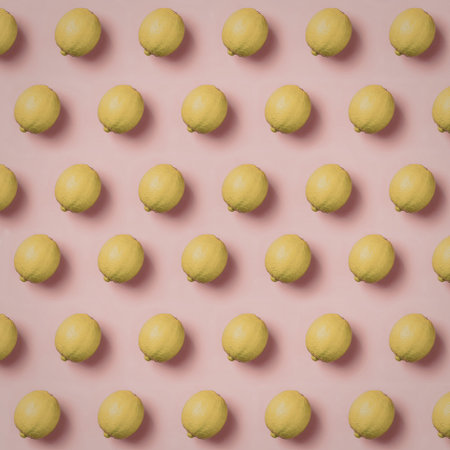 A vibrant and colorful arrangement of green limes neatly aligned in rows against a soft pink background.の写真素材